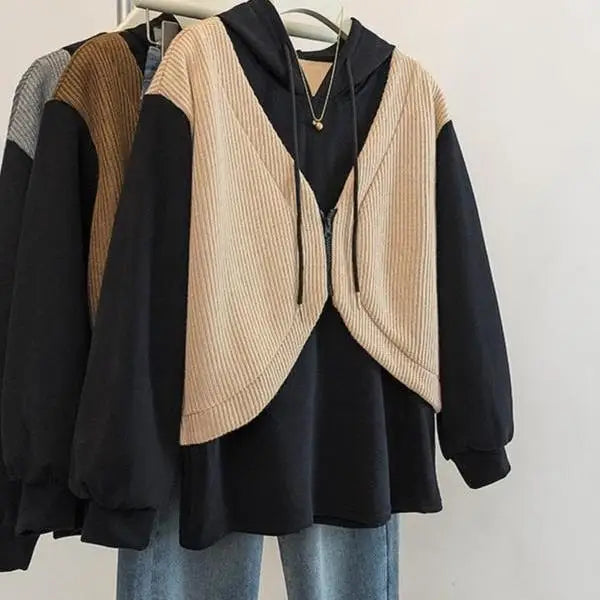 Hooded Fake Two-piece Spliced lange mouwen Sweatshirt Herfst en Winter Slim Top