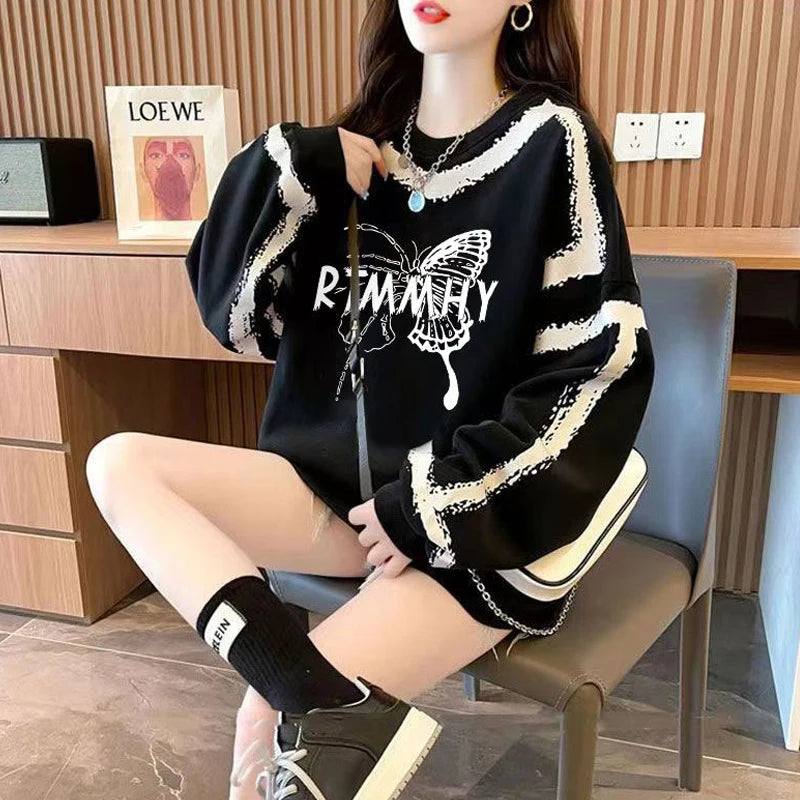 Dameskleding Koreaanse vlinderprint streetwear Y2K sweatshirt casual oversized tuniek hoodie O