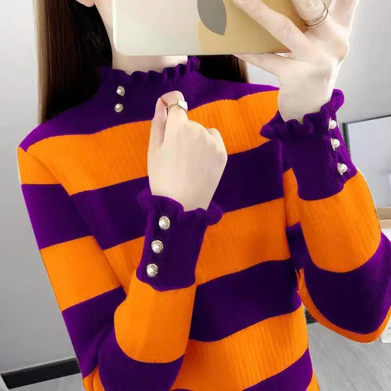 Herfst Winter Contrasterende Kleur Halfhoge Kraag Gestreepte Knoop Lange Mouw