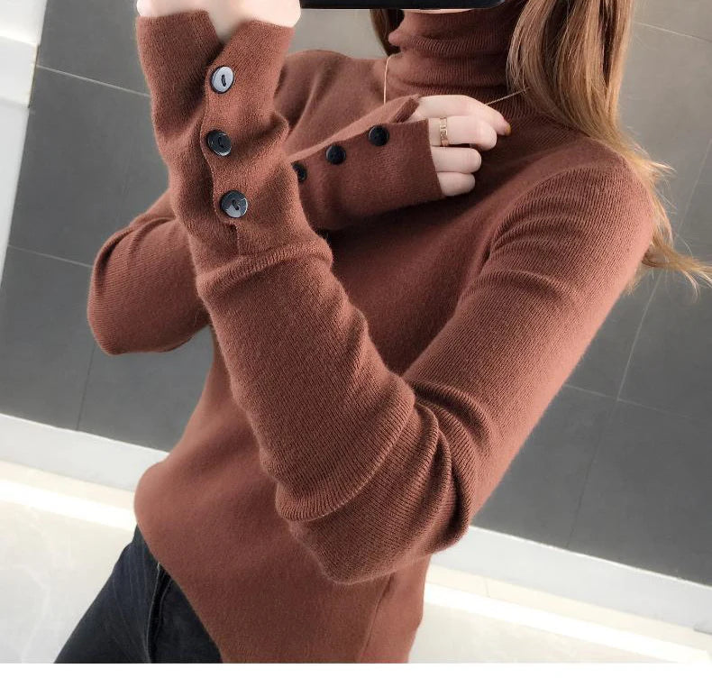 Heliar Dames Turtleneck Knopen Effen Warme Trui Lange Mouw Gebreid Basic