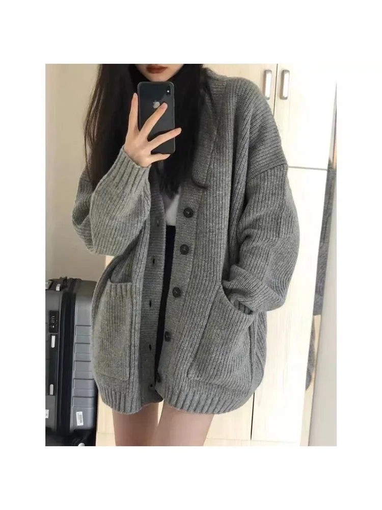 Grijze gebreide vesten voor dames, herfst/winter, dikke, warme, losse truien