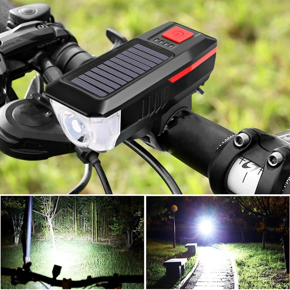 3 standen zonne-fiets koplamp met hoorn, USB oplaadbaar, LED berg
