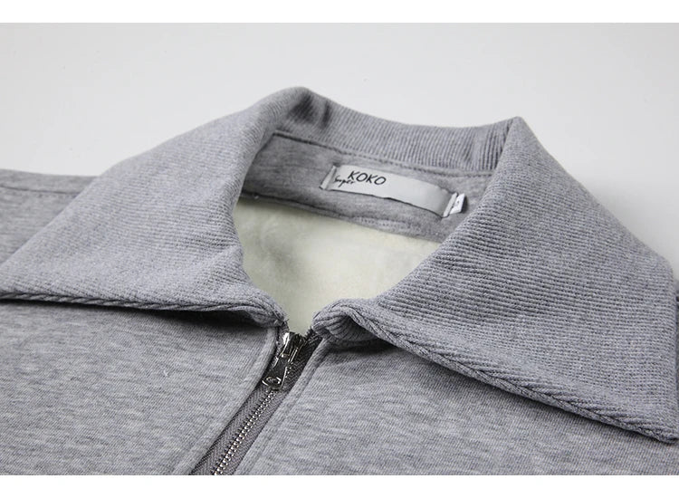 Herfst Winter BM Collar Polo Hoodie met rits voor dames met dikke fluweel en losse capuchon