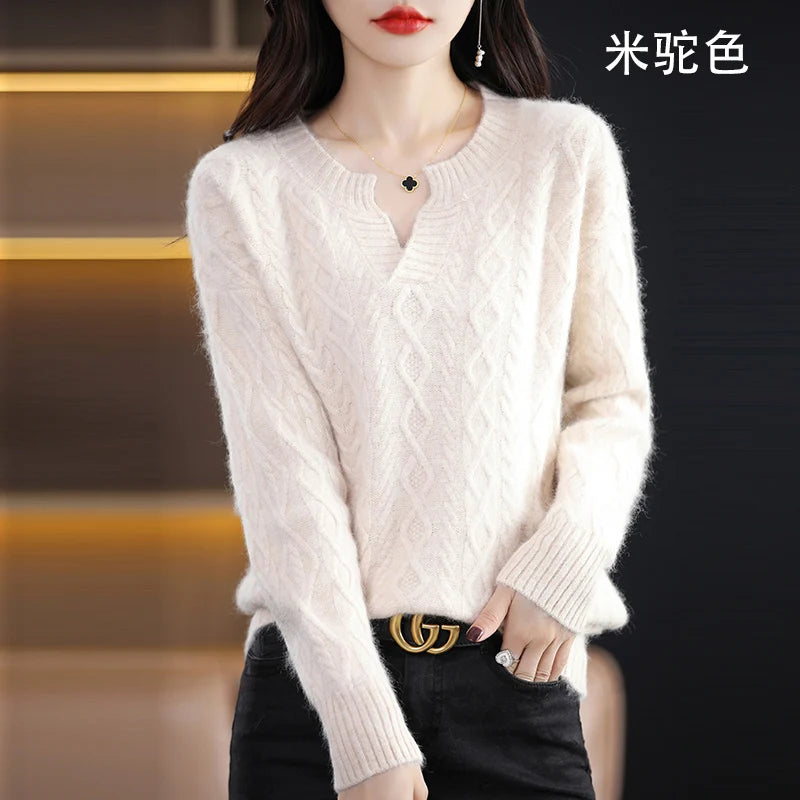 Pure Mink Cashmere Trui Dames V-hals Dikke Brei Trui Mode Jacquard