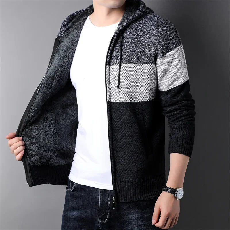 Men s Casual High Neck Long Sleeve Knitted Hoodie Coat Velvet Warmth Autumn Winter Fashion Multi