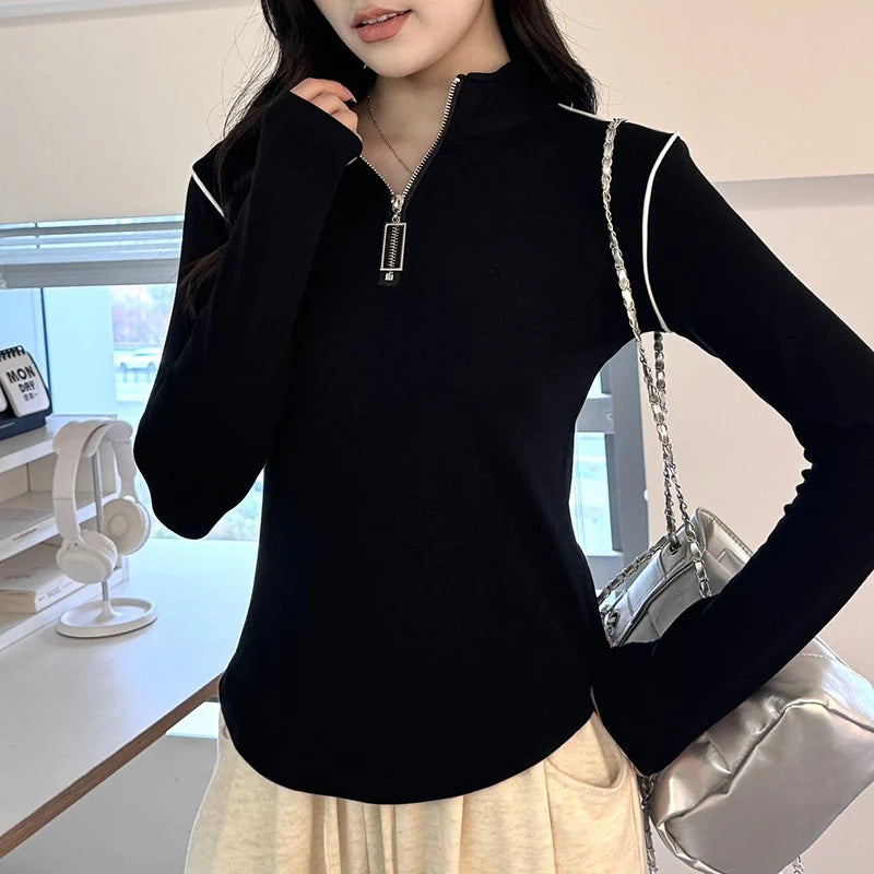 Koreaanse ritsen lange mouwen T-shirt voor vrouwen staande kraag slim fit trui vrouw