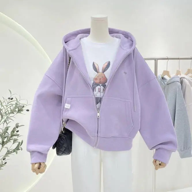 Ritsjack met capuchon, eenvoudig geborduurde letters, losse effen kleur, cardigan, trui, damestop
