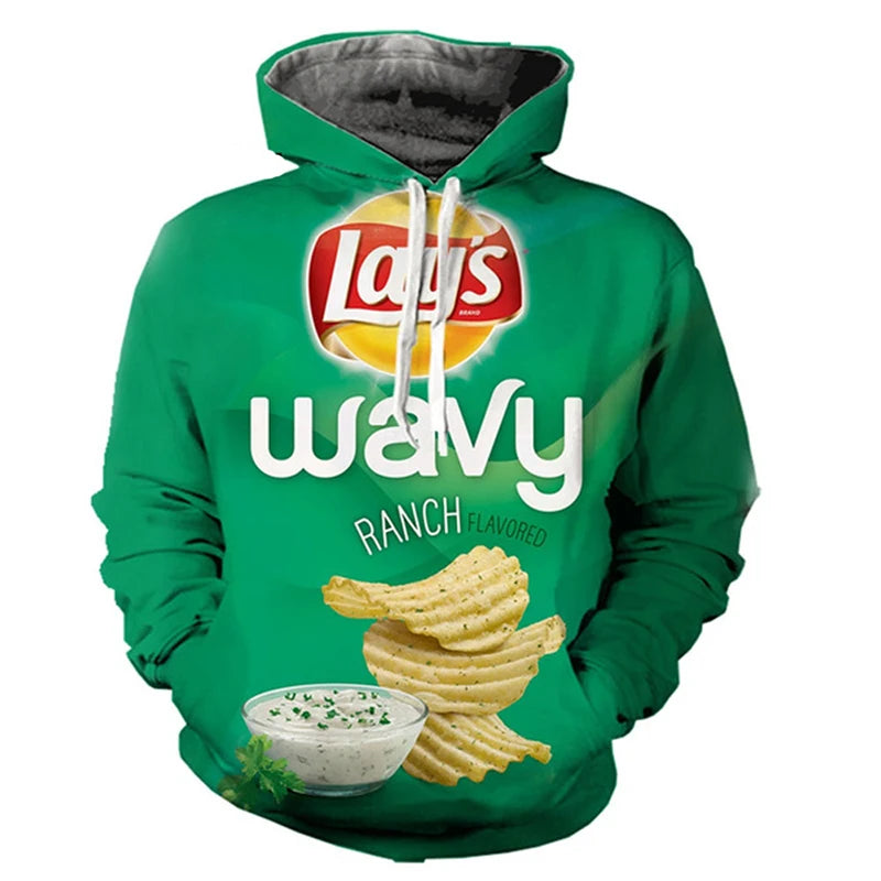 Snacks Funny Hoodies Men Fashion Potato Chips 3D Printed Long Sleeve Sweatshirts Women Casual