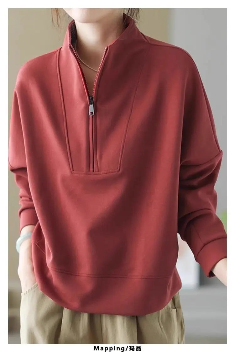 Fashionable and Casual Stand up Collar Sweatshirt Women in Spring and Autumn Loose Semi zipper