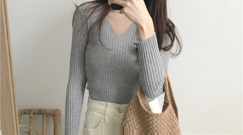 Heliar Dames V-hals Slim Sexy Trui Gebreid Lange Mouw Effen Onderkant Trui