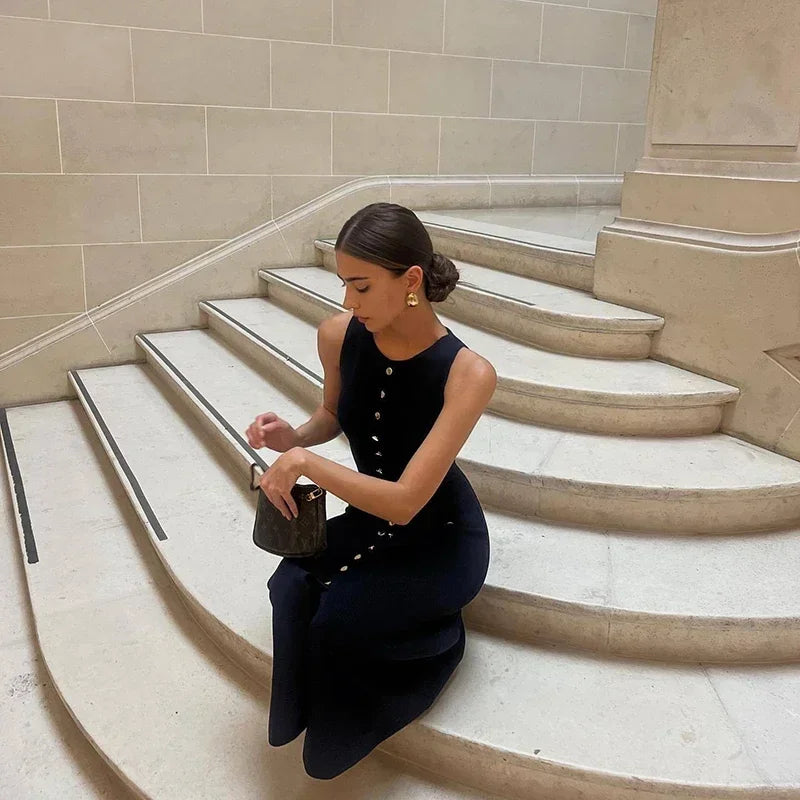 Elegante mouwloze enkelrijs geribbelde truien lange jurk voor dames hoog