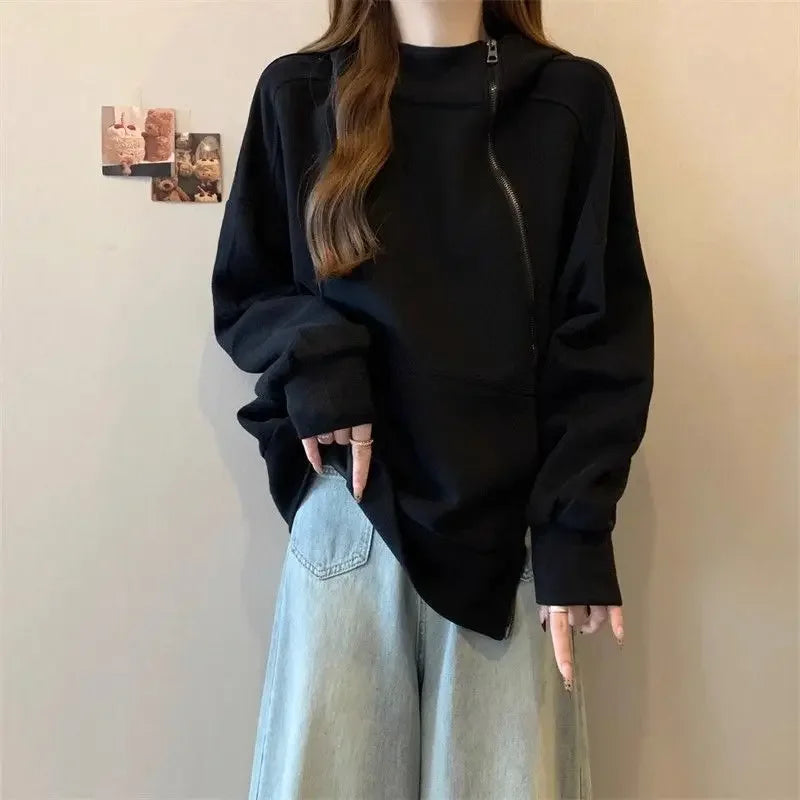 Plus Size Women Belly covering Hooded Diagonal Zipper Long sleeved Sweatshirt for Fat Girls Loose