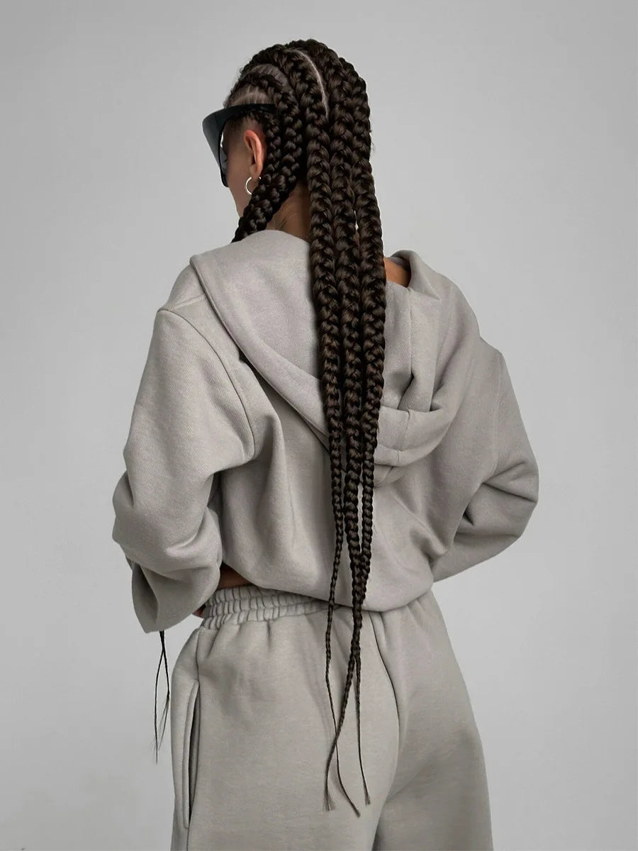 Bornladies Dames Cropped Hoodie Sweatpants Set Losse Trekkoord Taille Ritssluiting