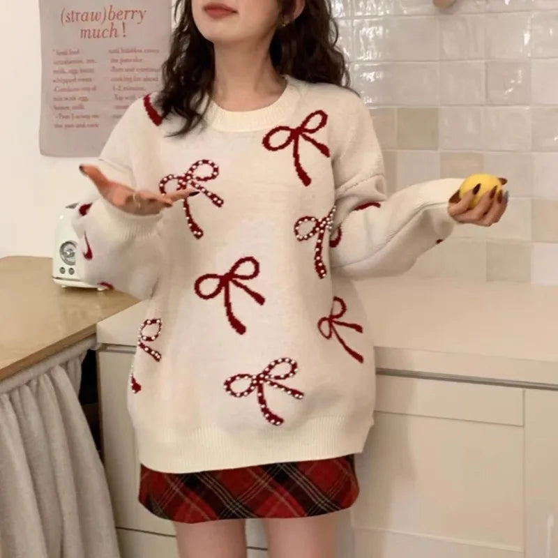 Mode strik genagelde kralen ronde hals trui voor dames in de herfst en winter Koreaanse losse