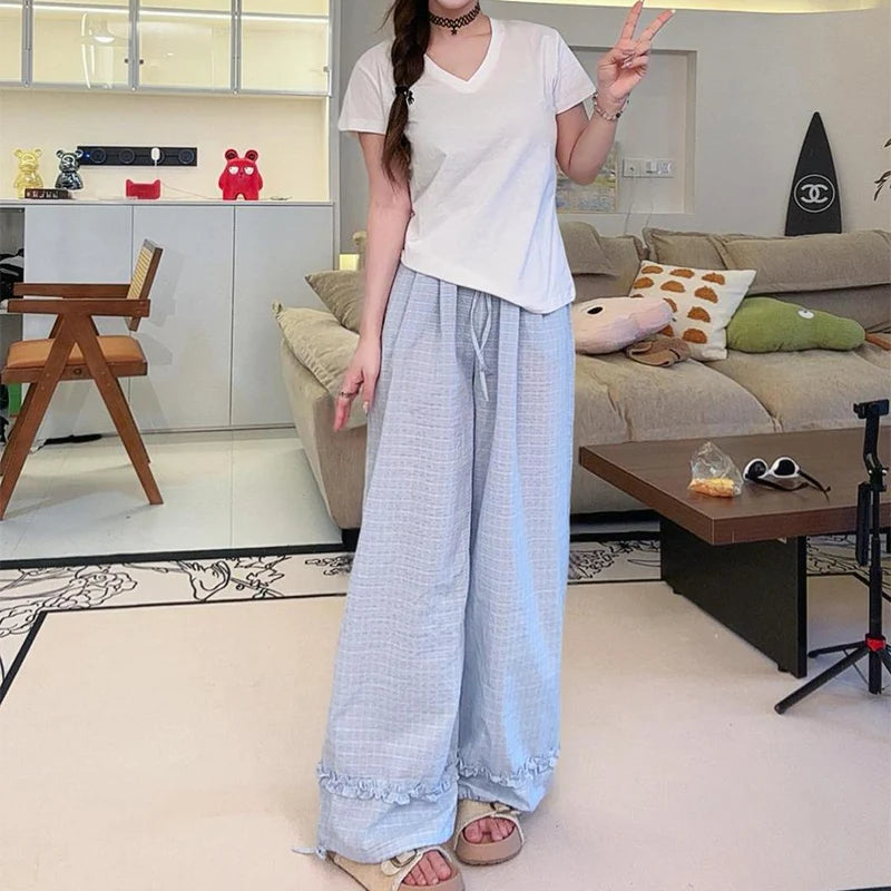 Zomer casual geruite lange broek voor vrouwen met trekkoord en wijde pijpen, losse broek voor vrouwen
