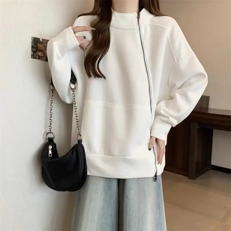 Plus Size Women Belly covering Hooded Diagonal Zipper Long sleeved Sweatshirt for Fat Girls Loose