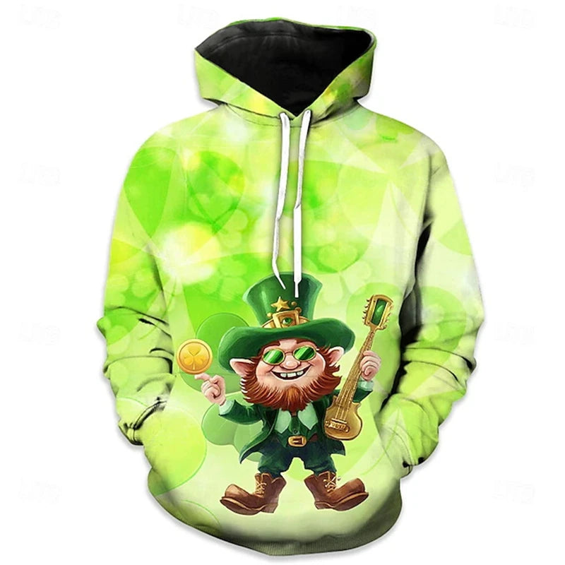 Men Hoodies St. Patricks Day Clothing 3D Print Green Clover Hat Graphic Hooded
