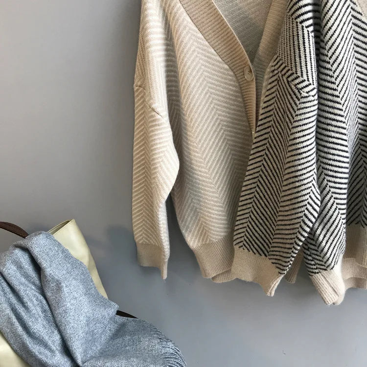 Bornladies Dames Trui Herfst Winter V-hals Gestreept Losvallend Cardigan