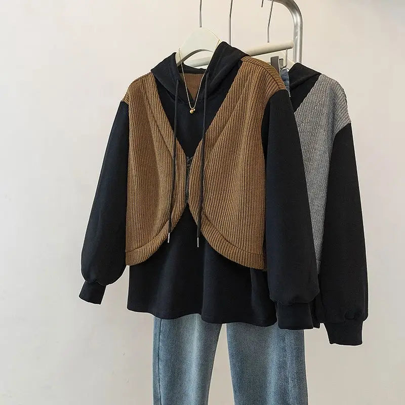 Hooded Fake Two-piece Spliced lange mouwen Sweatshirt Herfst en Winter Slim Top