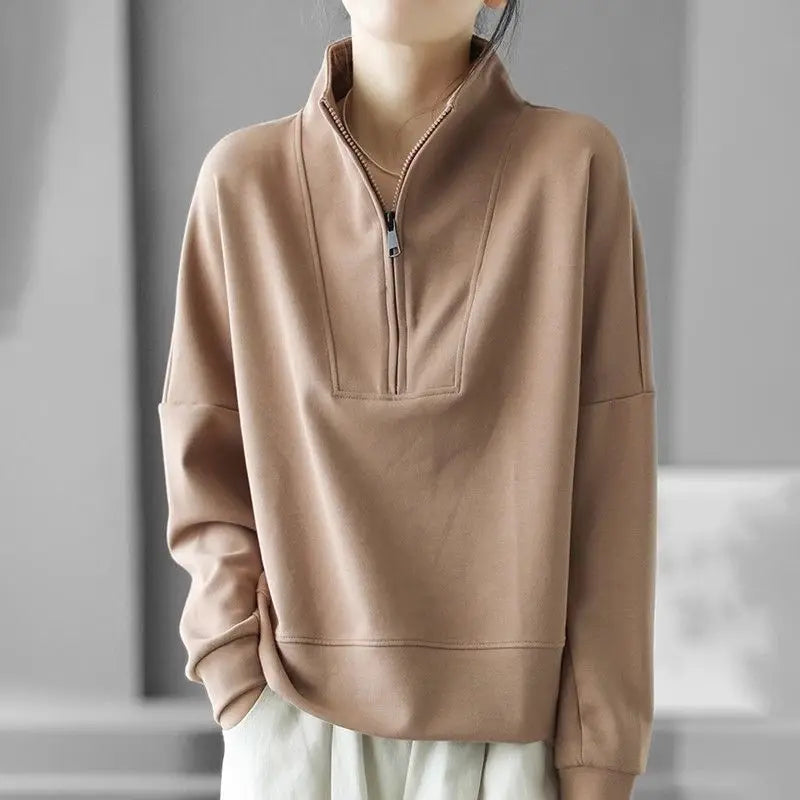 Fashionable and Casual Stand up Collar Sweatshirt Women in Spring and Autumn Loose Semi zipper