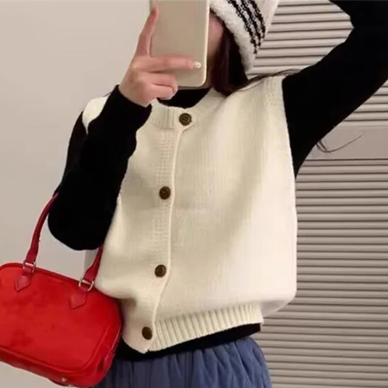 Chic Crew Neck Vest Cardigan for Women Single Breasted Knitted Vest Woman Spring