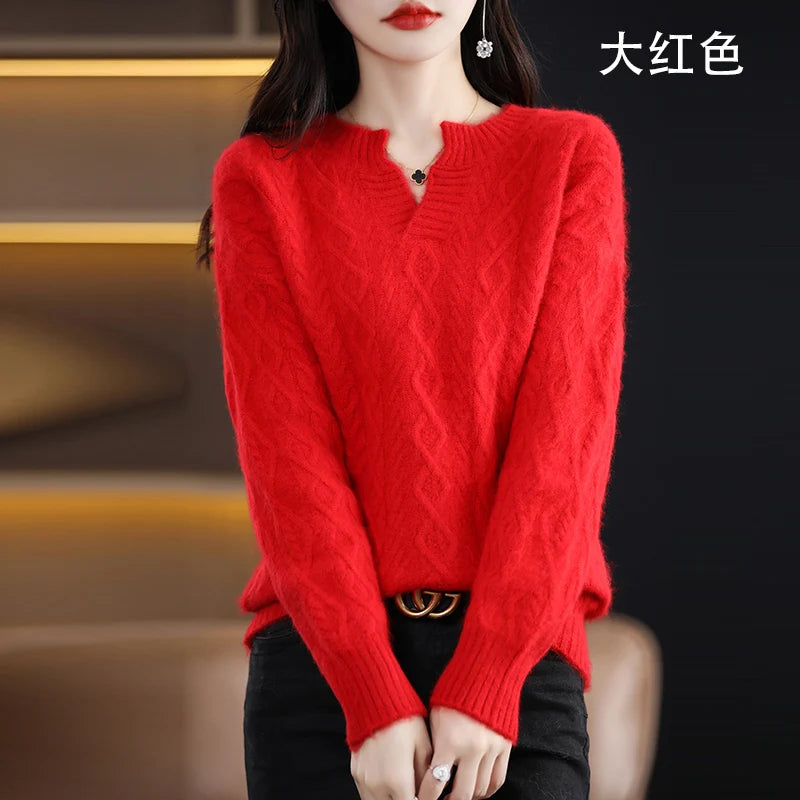 Pure Mink Cashmere Trui Dames V-hals Dikke Brei Trui Mode Jacquard