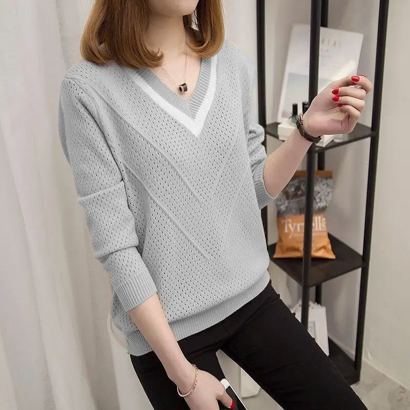 Casual Hollow Out gebreide trui dames herfst winter V-hals lange mouw warm