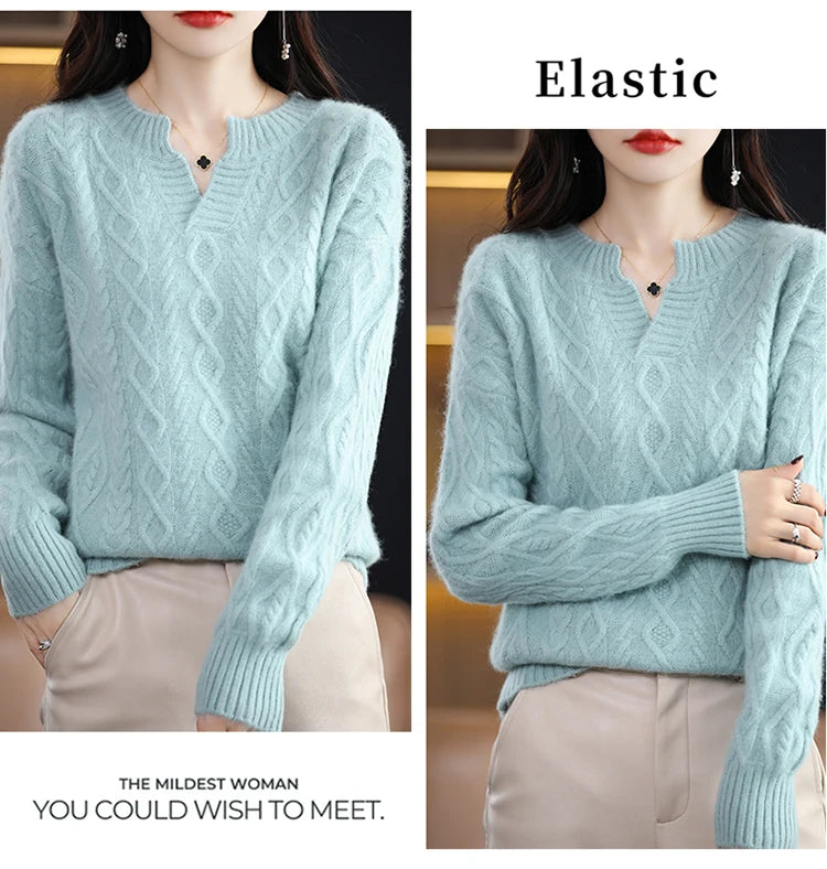 Pure Mink Cashmere Trui Dames V-hals Dikke Brei Trui Mode Jacquard