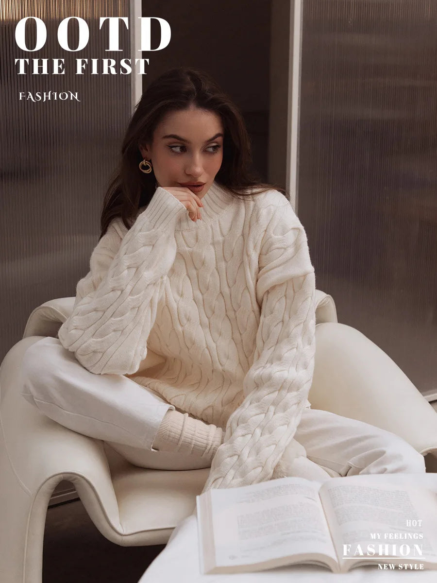 Bornladies Dames Turtleneck Kabeltrui Lazy Loose Fit Lange Mouw