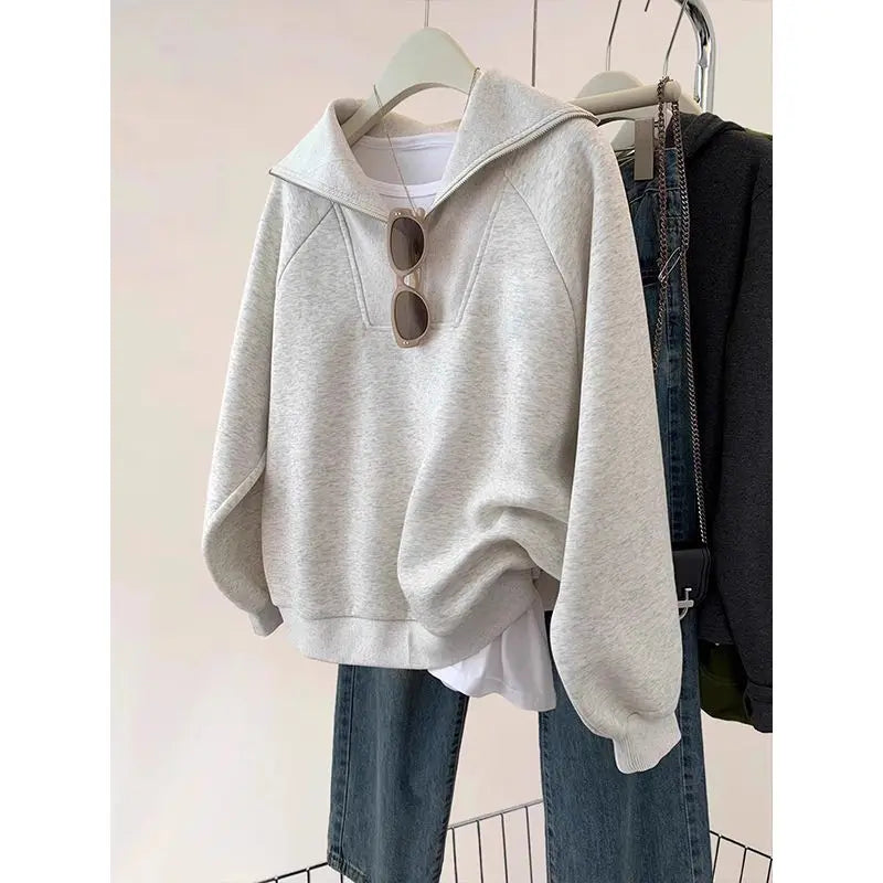 Large Size Age-reducing Cartoon Half-zipper Plus Velvet Sweatshirt Coat  Women Loose Slim Jacket