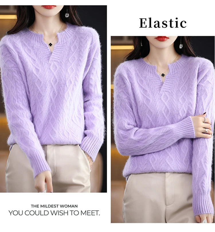 Pure Mink Cashmere Trui Dames V-hals Dikke Brei Trui Mode Jacquard