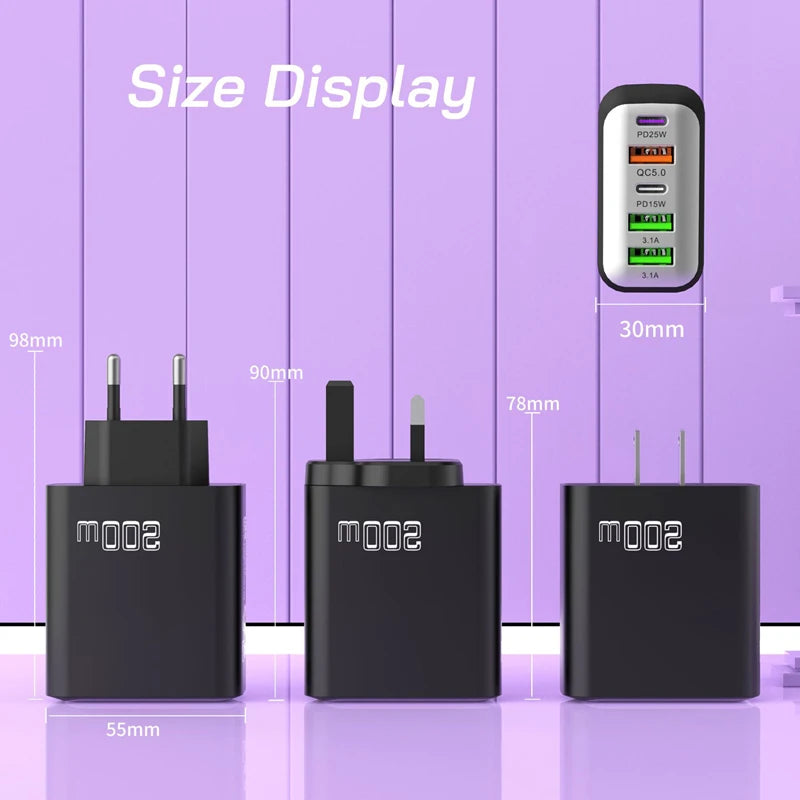 Total 200w Fast Charging Charger Five Ports Mobile Phone Charger 3u+2c