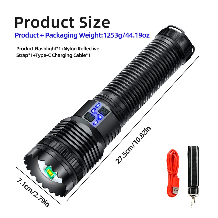 100W krachtige LED-zaklamp, ultraheldere tactische zaklamp met groot bereik, USB