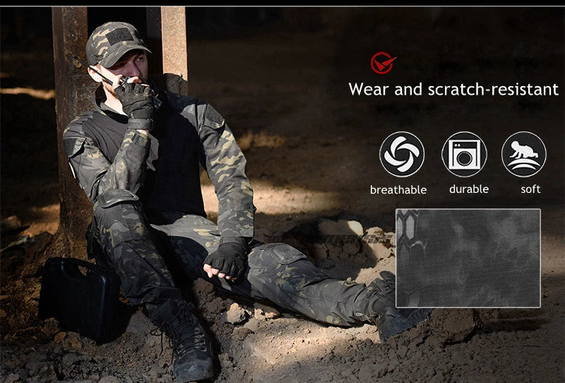 Tactical Camouflage Uniform Clothes Mens Outdoor Paintball Hunting Combat Shirt + Pants with Knee