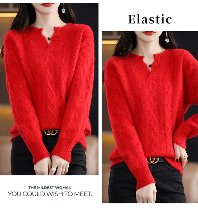 Pure Mink Cashmere Trui Dames V-hals Dikke Brei Trui Mode Jacquard