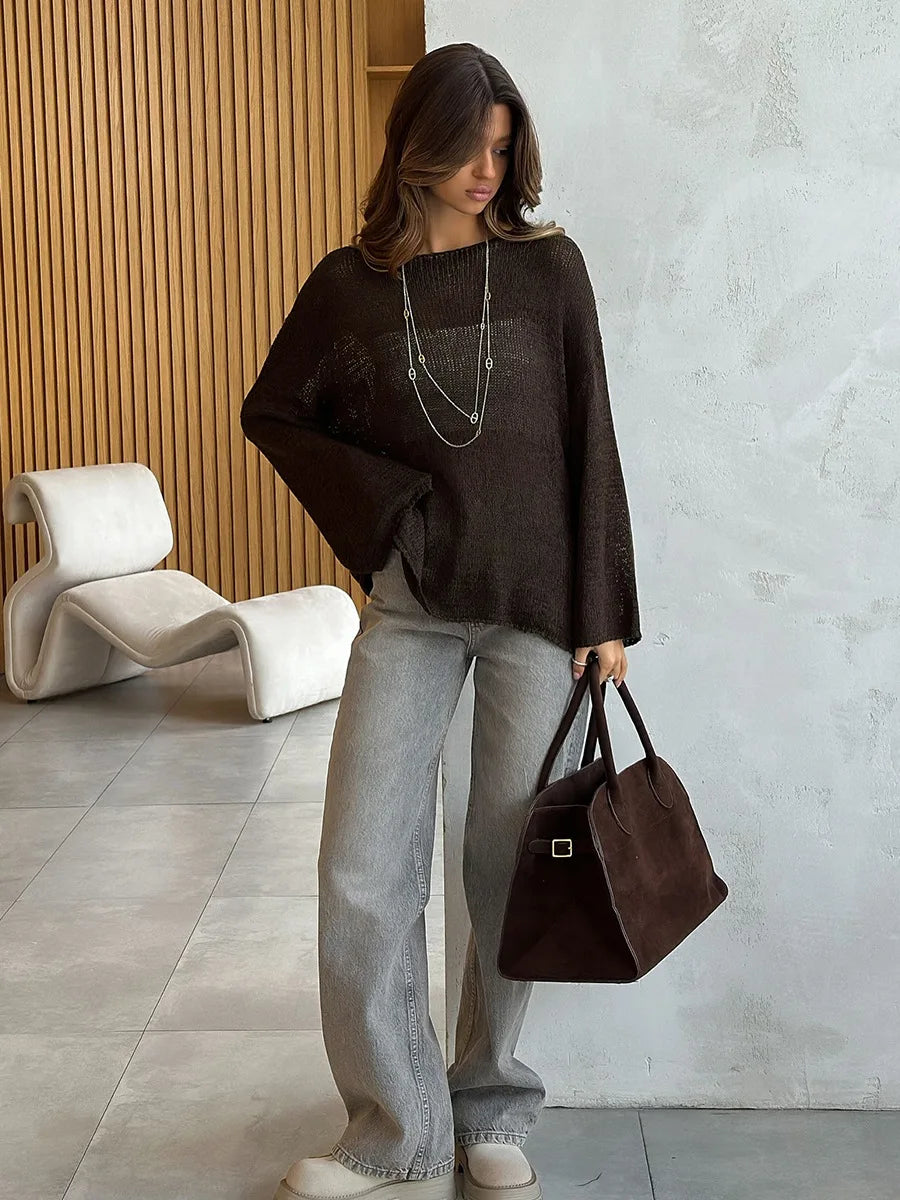 Bornladies Simple Solid Color Long Sleeved Sweater Women s Spring Knitted Hollow