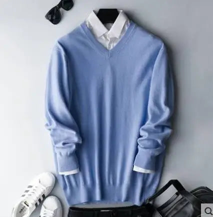 Classic Pullover V Neck Sweater Men Autumn Winter Cashmere Cotton Blend Warm Jumper Clothes Pull