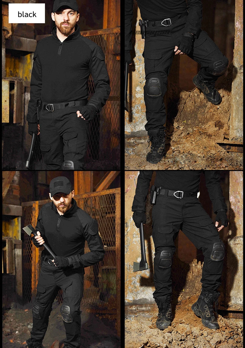 Tactical Camouflage Uniform Clothes Mens Outdoor Paintball Hunting Combat Shirt + Pants with Knee