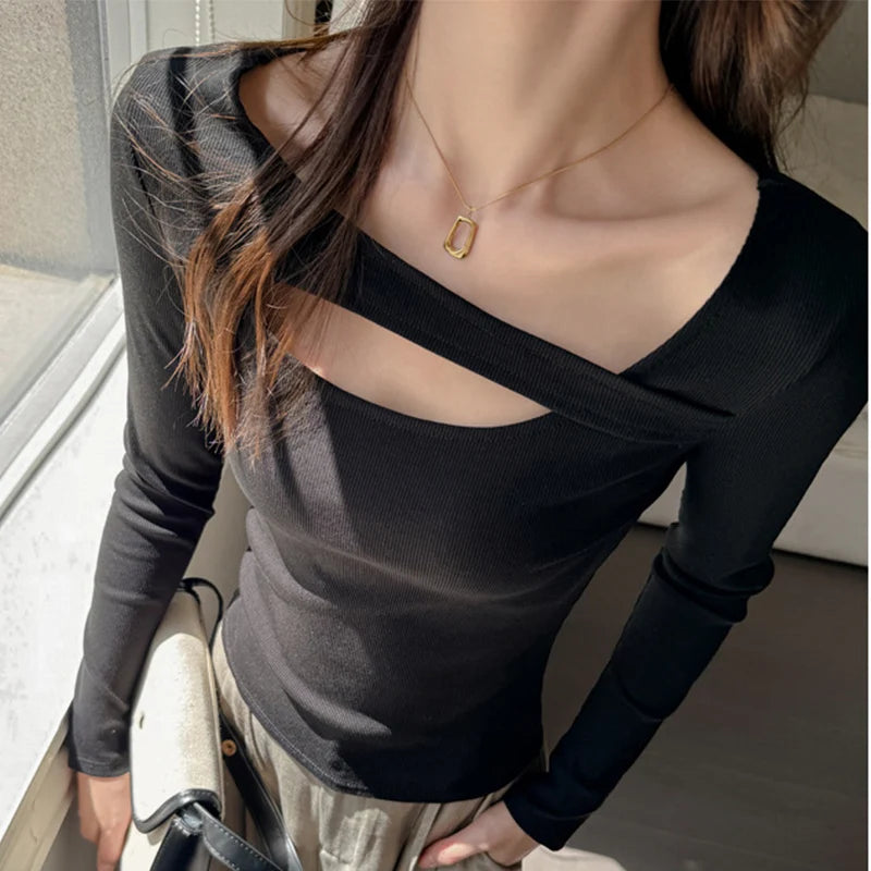 Slim Fit T-shirts met lange mouwen voor dames, sexy uitgeholde truien voor dames, lente