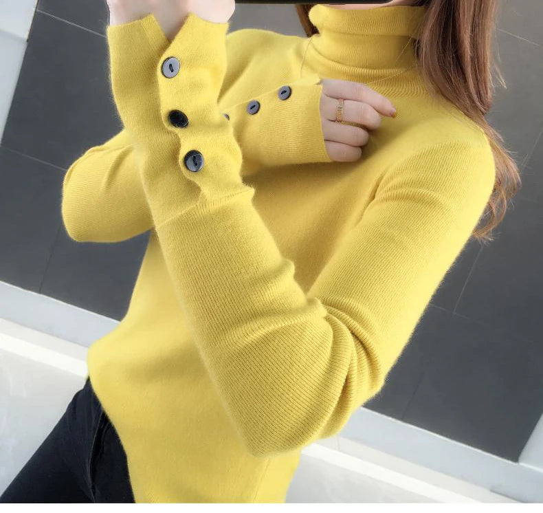 Heliar Dames Turtleneck Knopen Effen Warme Trui Lange Mouw Gebreid Basic