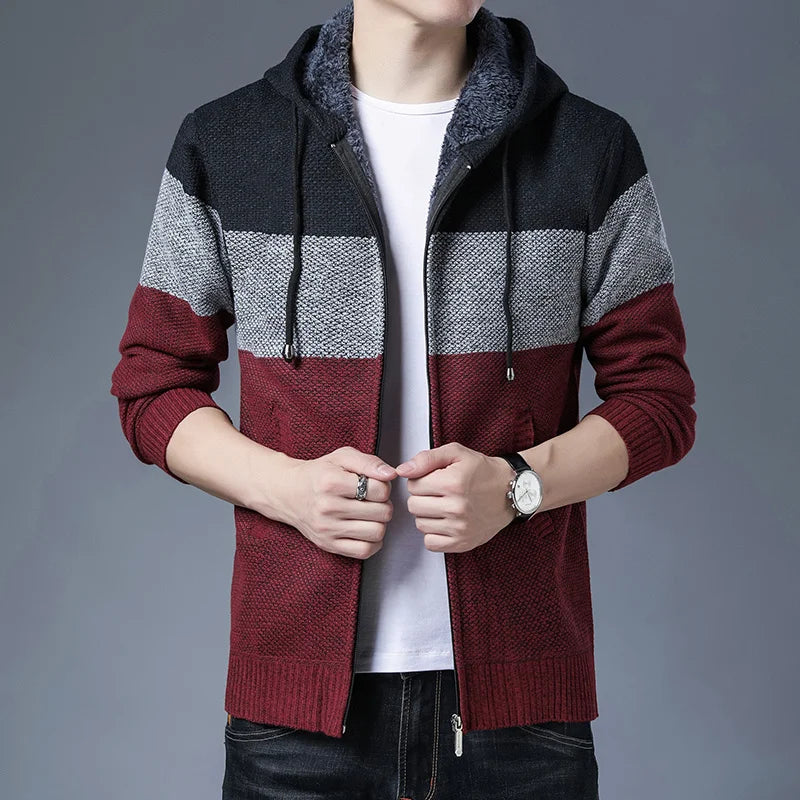 Men s Casual High Neck Long Sleeve Knitted Hoodie Coat Velvet Warmth Autumn Winter Fashion Multi