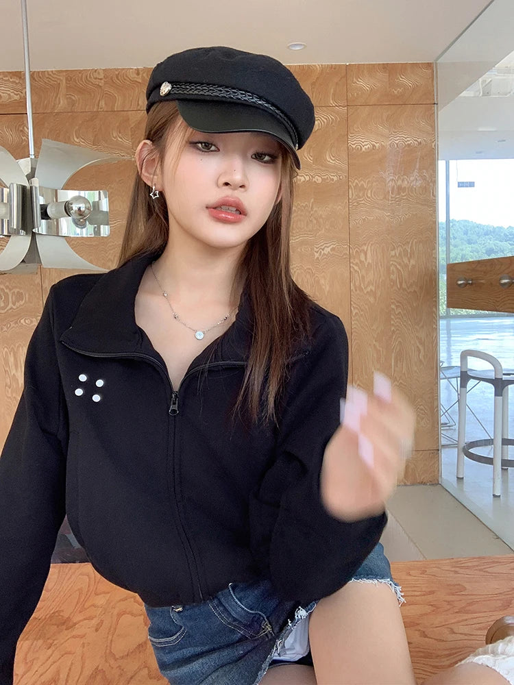 Coltruien voor dames, effen ritsontwerp, chique Koreaanse stijl, eenvoudig