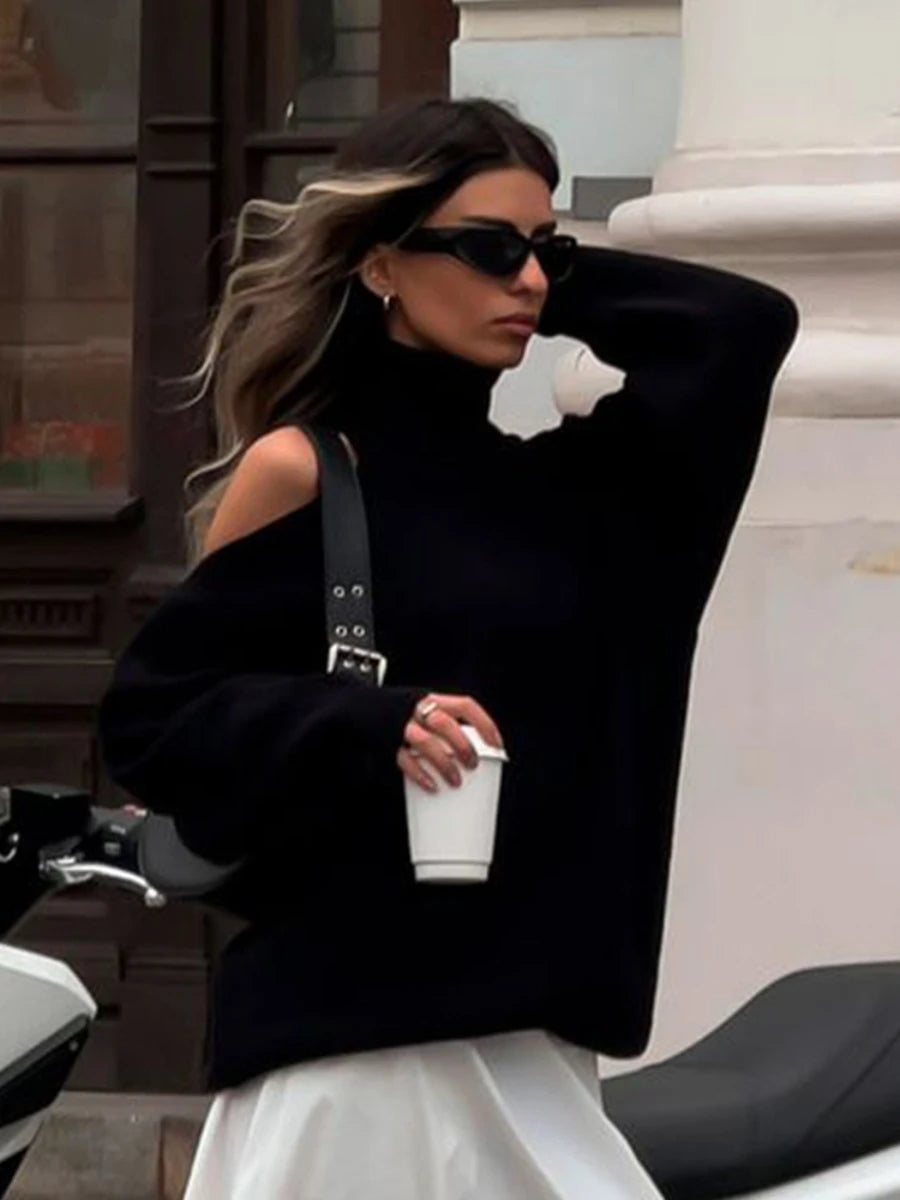 Bornladies Dames coltrui met uitgesneden schouders, lange mouwen en geribbelde breisels