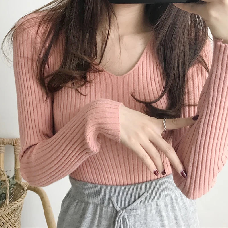 Heliar Dames V-hals Slim Sexy Trui Gebreid Lange Mouw Effen Onderkant Trui
