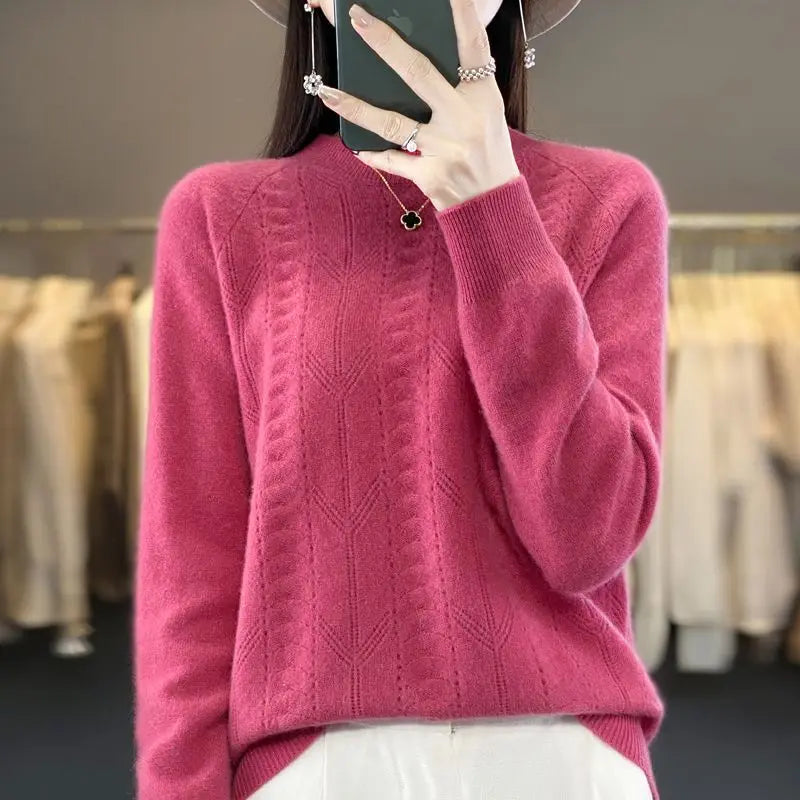 Women Stylish Simple Hollow Soft Cashmere Basic Knitted Sweater Solid O Neck Long Sleeve Loose
