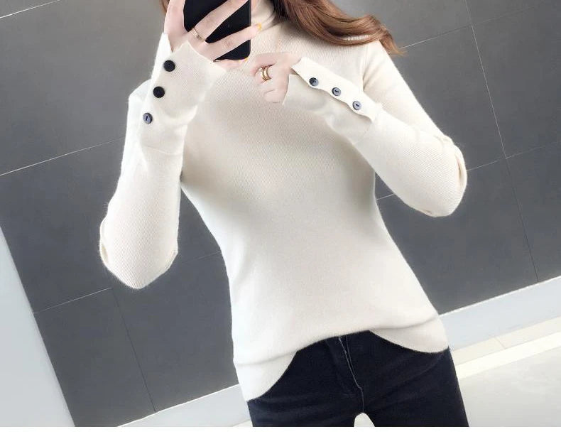 Heliar Dames Turtleneck Knopen Effen Warme Trui Lange Mouw Gebreid Basic
