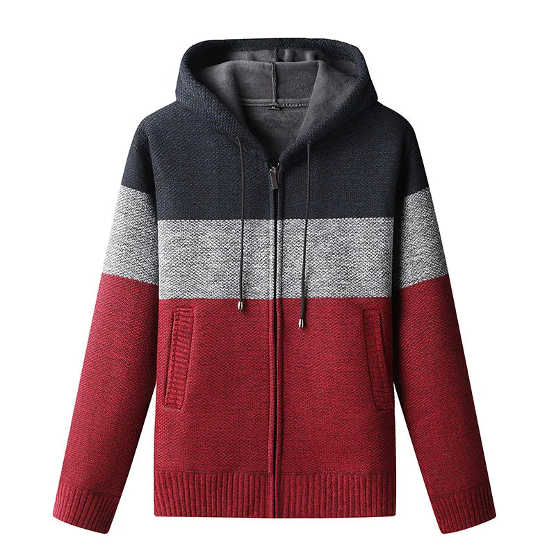 Men s Casual High Neck Long Sleeve Knitted Hoodie Coat Velvet Warmth Autumn Winter Fashion Multi