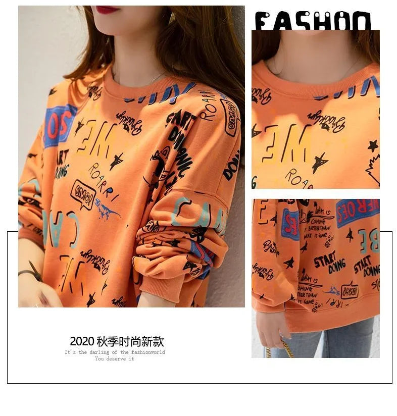 Classic Fashion Printing Letter Sweatshirts Women Long Sleeve Loose O collar Slim Casual All match