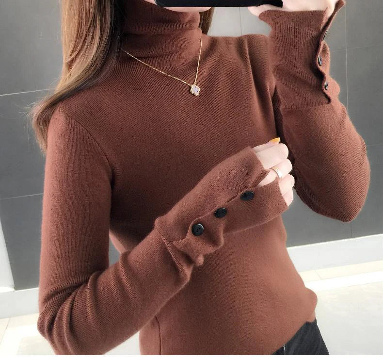 Heliar Dames Turtleneck Knopen Effen Warme Trui Lange Mouw Gebreid Basic