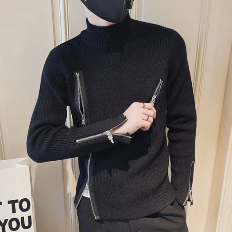 Motorcycle Men s Clothing Turtleneck Pullovers Zipper Knit Sweater Male High